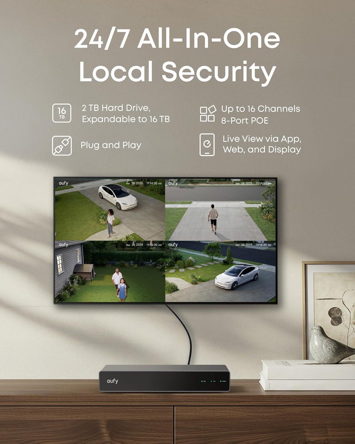 imageeufy PoE NVR Security System E41247 RecordingUp to 16CH 2TB HDD 8 4K Turret Cams Wired Outdoor Cam 4K UHD 122 FOV Color Night Vision AI Detection Red and Blue Strobe8 Turret Cams