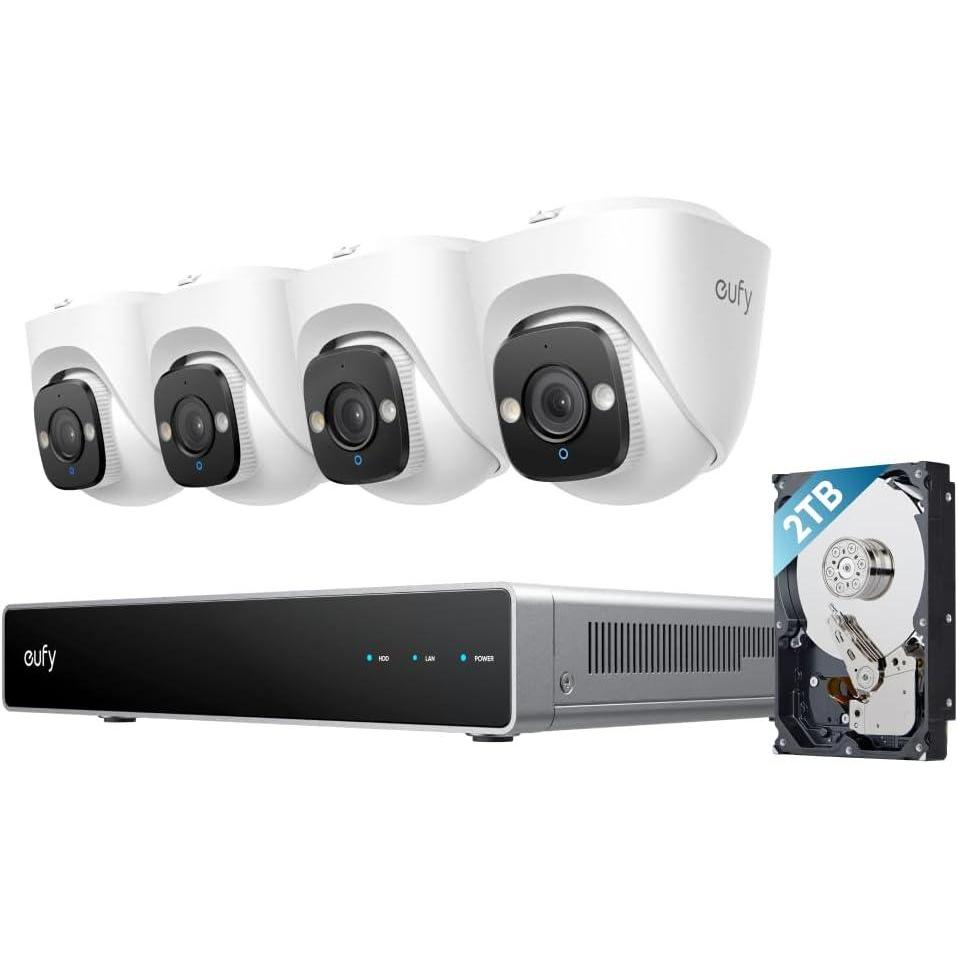 imageeufy PoE NVR Security System E41247 RecordingUp to 16CH 2TB HDD 8 4K Turret Cams Wired Outdoor Cam 4K UHD 122 FOV Color Night Vision AI Detection Red and Blue Strobe4 Turret Cams