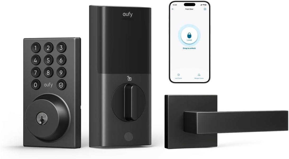 imageeufy Security Smart Lock C30 with Door Lever Keyless Entry Builtin WiFi Deadbolt for Front Door No Bridge Required Easy Installation App Remote Control Auto LockBlack