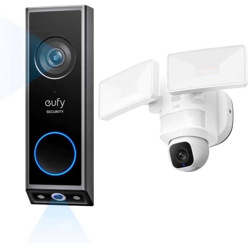 imageeufy Security Floodlight Camera E30 with Video Doorbell E340 Battery Powered 360 Pan and Tilt AI Detection and Tracking 2K Video 24GHz WiFi Custom Voice and Light Alerts 247 Recording