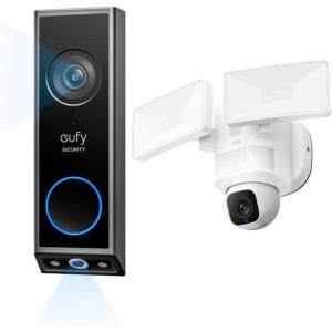 imageeufy Security Floodlight Camera E30 with Video Doorbell E340 Battery Powered 360 Pan and Tilt AI Detection and Tracking 2K Video 24GHz WiFi Custom Voice and Light Alerts 247 Recording