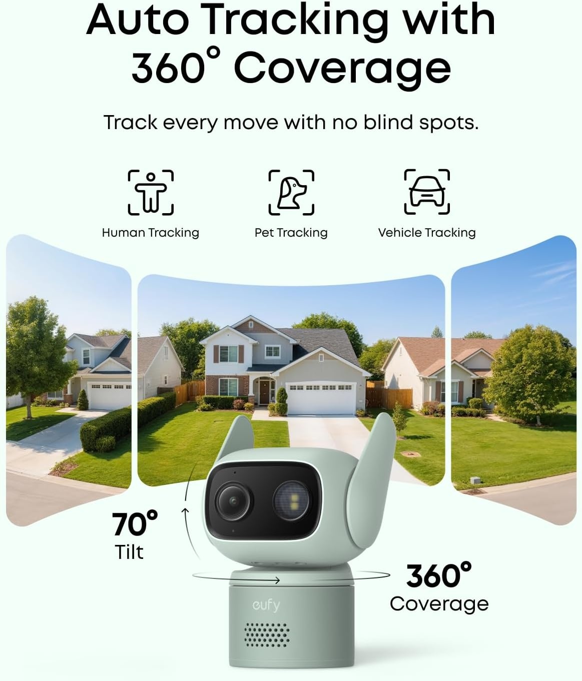 image:imageeufy Security IndoorOutdoor Camera C312Pack P66 SpotlightFree Color Night Vision 360 Coverage View AutoTrackingHumanVehiclePetCry Detection 247 Recording Black No SubscriptionGreen