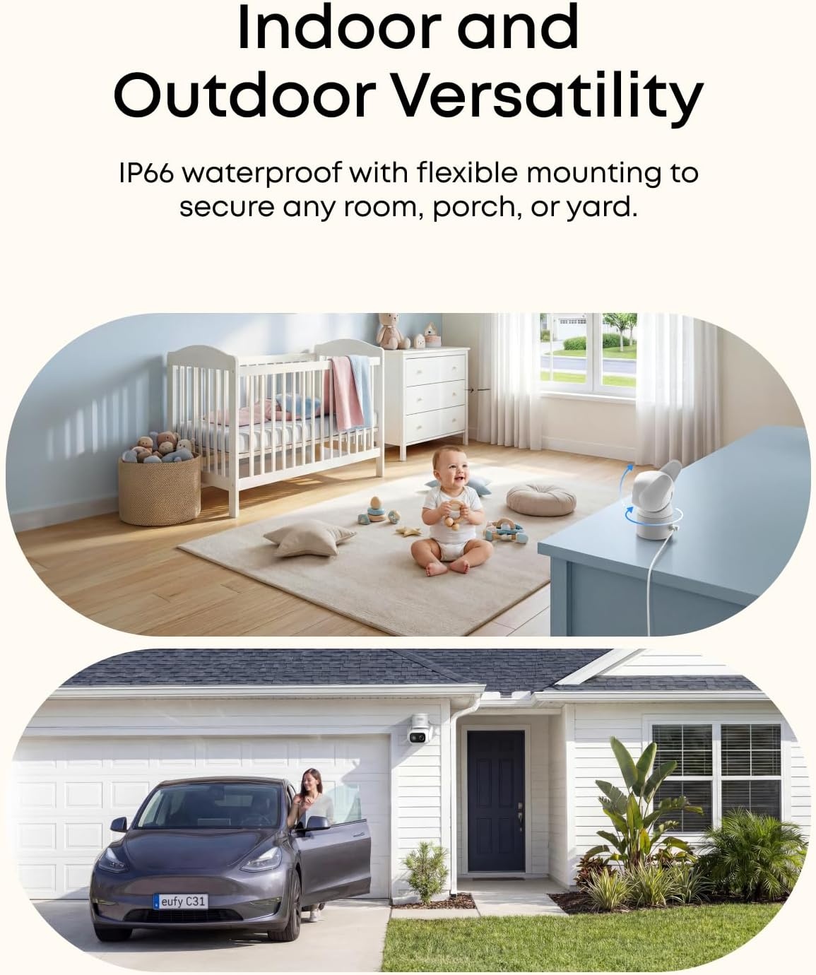 image:imageeufy Security IndoorOutdoor Camera C312Pack P66 SpotlightFree Color Night Vision 360 Coverage View AutoTrackingHumanVehiclePetCry Detection 247 Recording Black No Subscriptionwhite